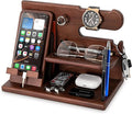 TESLYAR Wood Phone Docking Station for Men - Desk or Nightstand Organizer - Birthday Gifts for Husband or Dad - Anniversary Idea from Wife - Key Holder - Stand Wallet Watch &amp Essentials (Chestnut