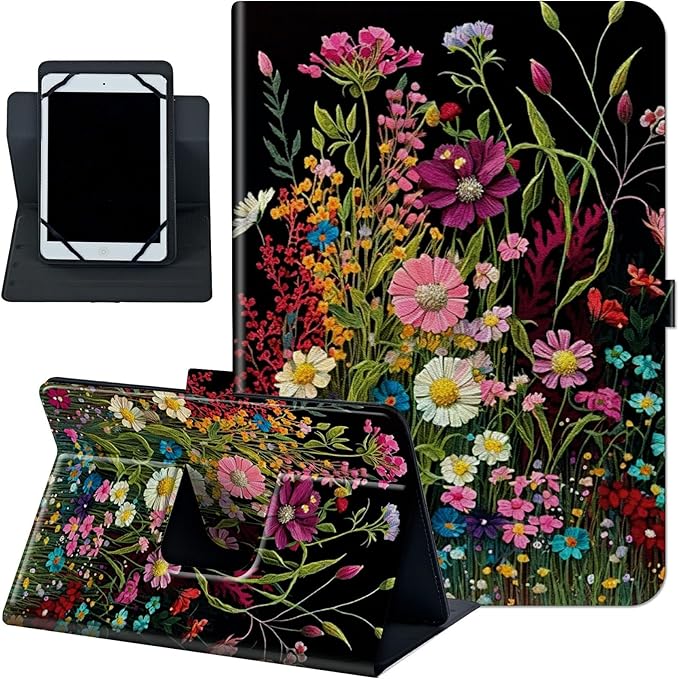 Rossy Universal 10.0 Tablet Case Universal Case for 9.6-10.5 Inch Android Tablet Slim PU Leather Stand Folio Shell Cover with 360 Degree Rotatable Kickstand Multiple ViewingWildflowers