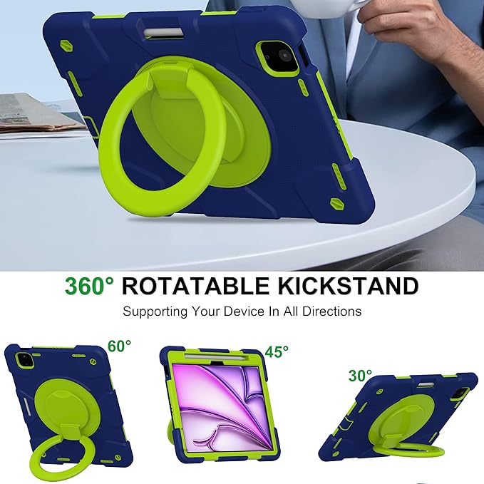 Case for iPad Air 11 inch Case M3 2025/ M2 2024 (Air 7th/6th Generation) Heavy Duty Shockproof Cover with Screen Protector 360° Rotating Stand Pencil Holder Shoulder Strap (Navy+Green)