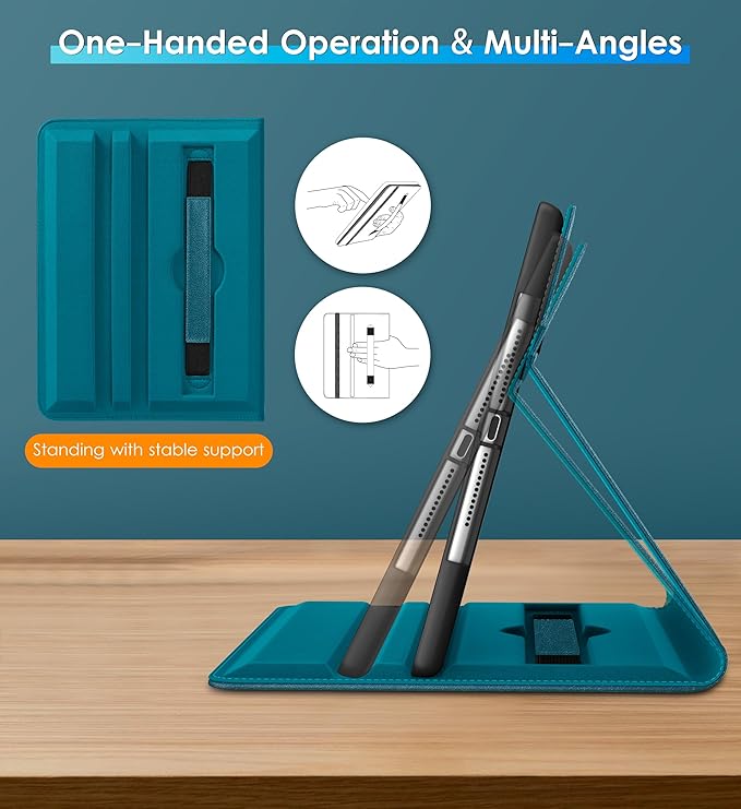 DTTO Rotating Case for iPad 6th / 5th Generation 9.7 Inch 2018/2017 iPad Air 2 / Air 1 Case 360 Degree Swiveling Premium Leather Folio Stand Cover with Pencil Holder - Auto Wake/Sleep Light Blue