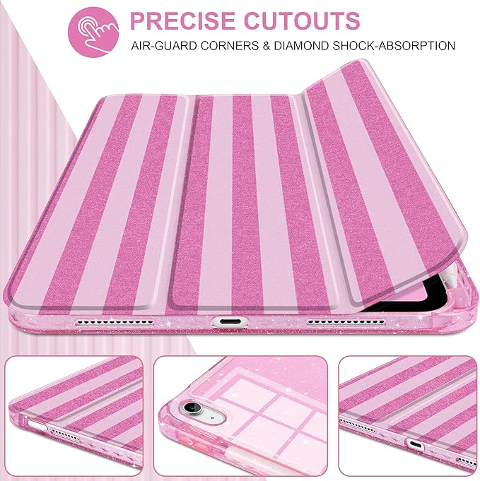 TWOLSKOO Sparkly Case for iPad Pro 11 inch (M5 2025 / M4 2024) Glitter Hard Acrylic Back with Pencil Holder Slim Trifold Stand Folio Cover Auto Sleep/Wake Pink Stripes