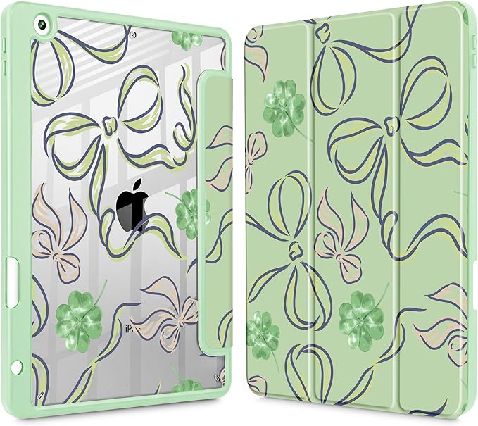 Case for iPad 9th/ 8th/ 7th Generation 10.2-Inch Case(2021/2020/2019 Release) [Built in Pencil Holder] Trifold Stand Auto Wake/Sleep Clear TPU Protection Back Cover Clover Bows