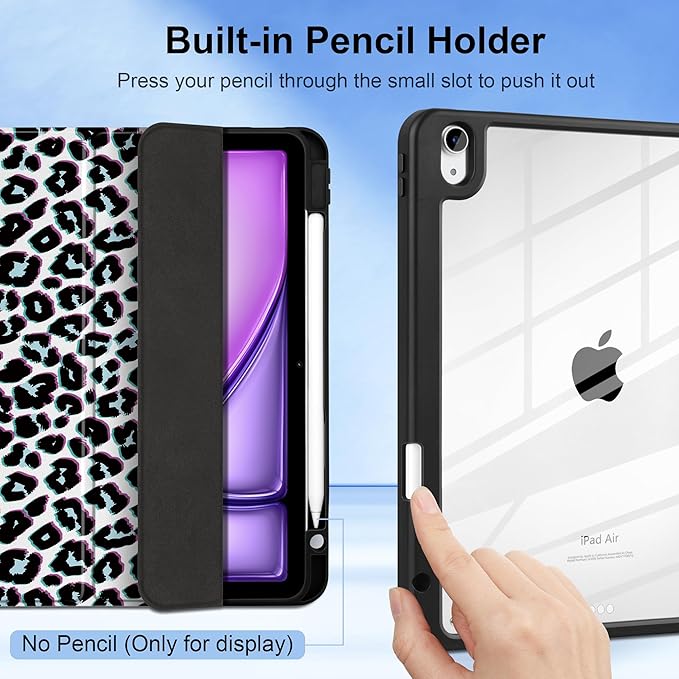 TWOLSKOO Case for iPad Air 11-inch (M4 2026 / M3 2025 / M2 2024) Clear Acrylic Back with TPU Bumper Pencil Holder Trifold Stand Auto Sleep/Wake Black Leopard