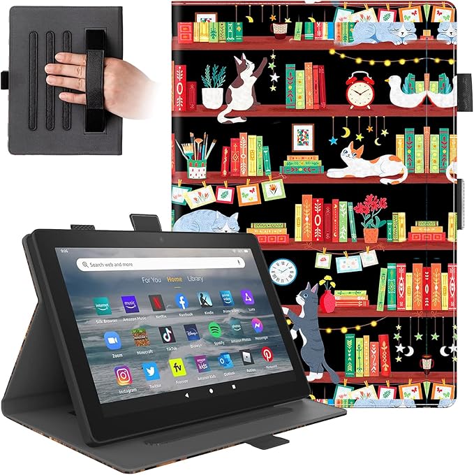 Case for All-New Kindle Fire HD 10 &amp Fire HD 10 Plus Tablet (10.1 11th Generation 2021 Release)Shockproof Protective PU Leather Case with Hand Strap Smart Stand Magnetic CoverBookshelf Cat