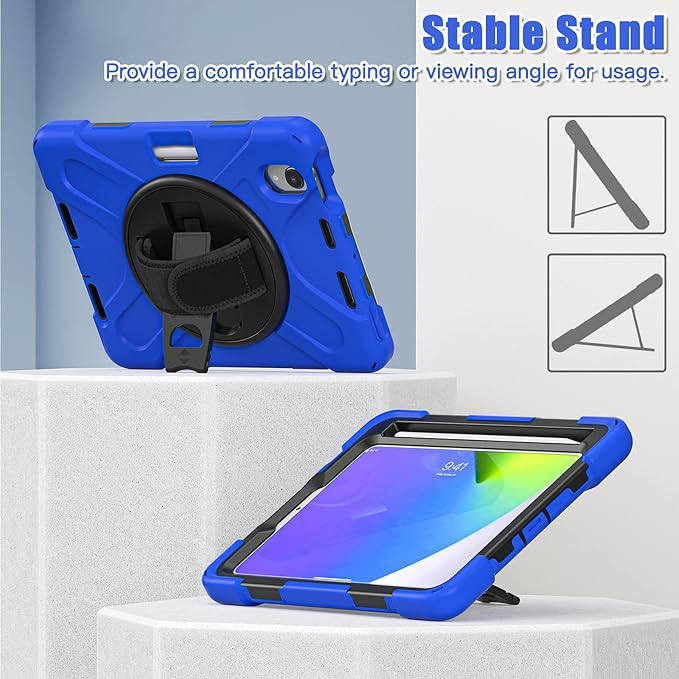 ZenRich Shockproof Case for iPad mini 7 (A17 Pro) 2024/ iPad mini 6th 2022 Heavy Duty Rugged Case with Pencil Holder/360°Rotating Kickstand/Handle/Carrying Shoulder BeltBlue
