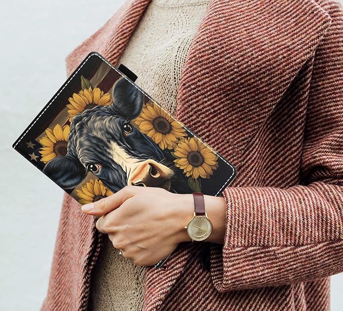 Case for Amazon Kindle Fire 7 Tablet (7 9th/7th Generation 2019/2017 Release) Slim PU Leather Cover with Card Slot &amp Auto Wake/Sleep American Flag Cow Sunflower