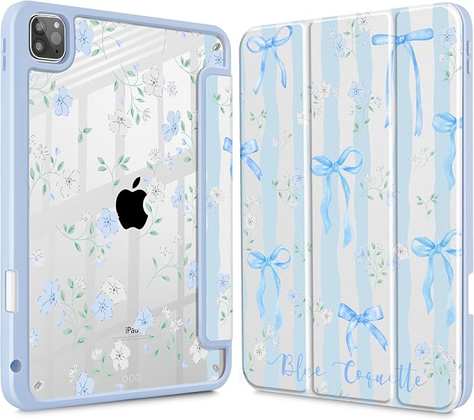 May Chen for iPad Pro 11 inch M2 4th Generation 2022 iPad Pro 11 3rd/2nd/1st Gen Built-in Pencil Holder with Shockproof Cover Clear Transparent Back Shell Auto Wake/Sleep Flower Blue Waves