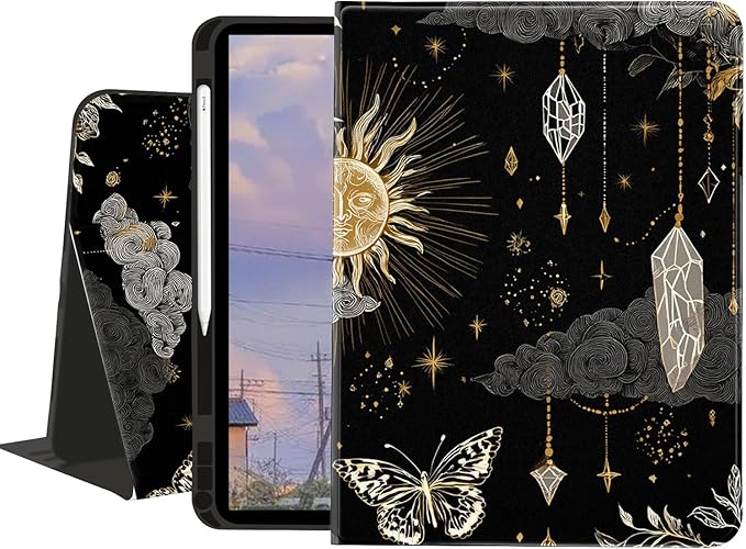 Cute Case for iPad Pro 11 Inch 2022/2021/2020/2018Dreamy Moon Stars Textured Folio Case with Pencil Holder Multi-Angle View Adjustable Stand Auto Wake/Sleep for Women
