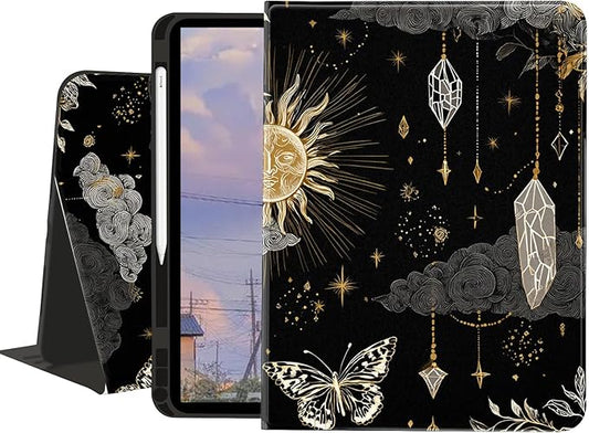 Cute Case for iPad Pro 11 Inch 2022/2021/2020/2018Dreamy Moon Stars Textured Folio Case with Pencil Holder Multi-Angle View Adjustable Stand Auto Wake/Sleep for Women