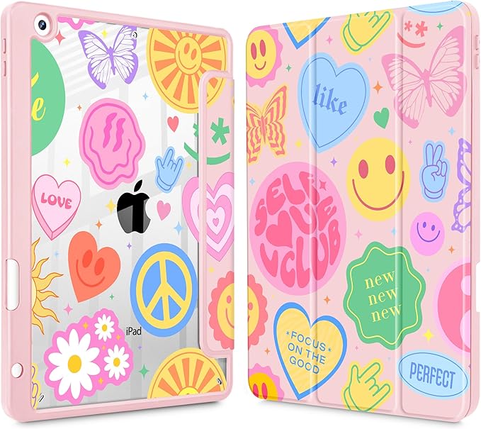 May Chen for iPad 9th Generation with Pencil Holder iPad 8th/7th Gen Case 10.2-inch [Penceil Holder] Trifold Stand Auto Wake/Sleep Clear TPU Protection Back Cover Smile Art
