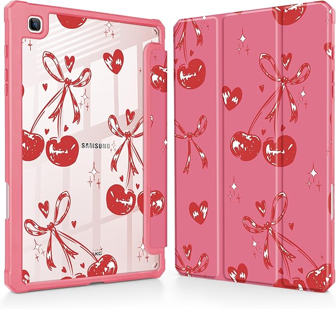 Mektron Case for Samsung Galaxy Tab S6 Lite 10.4 Inch 2024/2022/2020 with S Pen Holder Multi-Angle Viewing with Shockproof Cover Clear Shell + Trifold Stand + Auto Wake/Sleep Cherries Bows C388