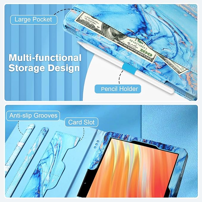 OKP Case for All New Kindle Fire HD 10 Tablet &amp HD 10 Plus (11th/13th Generation 2021/2023 Release) 360 Degree Rotating Swivel Stand Leather Cover with Pencil Holder Auto Wake Sleep Marble Blu