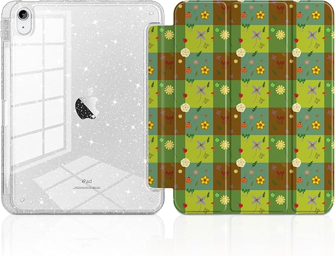 MEEgoodo Case for iPad A16 11th Generation 2025/10th Generation 2022 Glitter Tablet Cases with Transparent Acrylic Back+Trifold Stand +Pencil Holder+Auto Wake/SleepGreen Checkered &amp Nature Patte
