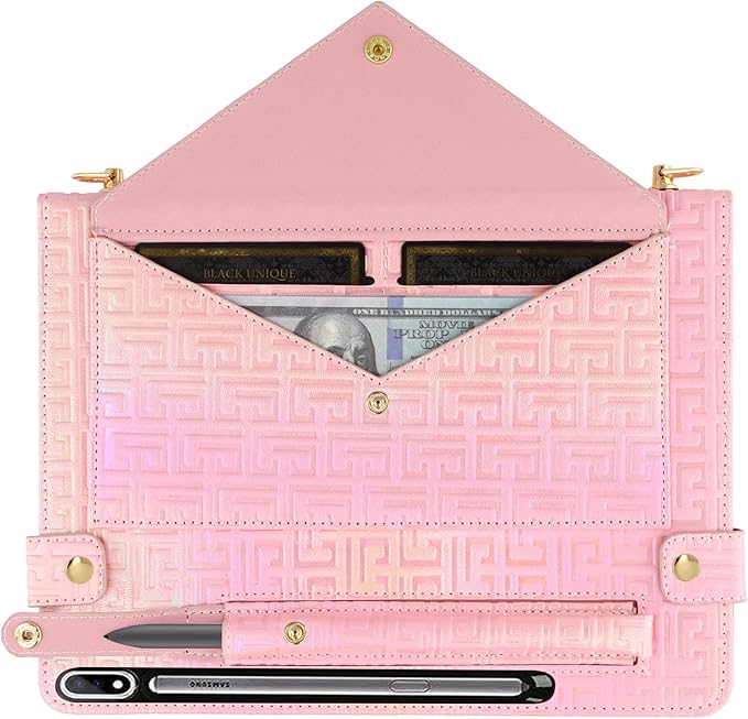 Shiny Case for Samsung Galaxy Tab S10+ 2024/S9 FE+ 2023/S9+ Plus 12.4 Techcircle Crossbody Iridescent Folio Stand Wallet Case with Pen Holder+Card Slots+Hand Strap+Shoulder Strap Shiny Pink