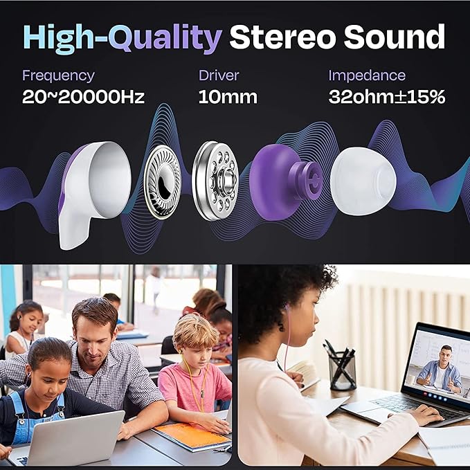 JustJamz Bulk Earbuds 100 Pack | Basic Ear Bud Black Dot in-Ear Earphones Disposable Headphones Class Headphones Set for Students Earphones for Class Kids Classroom Library Wired Earbuds