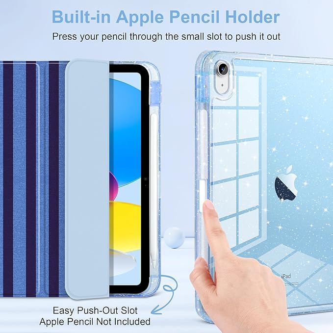 TWOLSKOO Sparkly Case for iPad Pro 11 inch (M5 2025 / M4 2024) Glitter Hard Acrylic Back with Pencil Holder Slim Trifold Stand Folio Cover Auto Sleep/Wake Blue Stripes