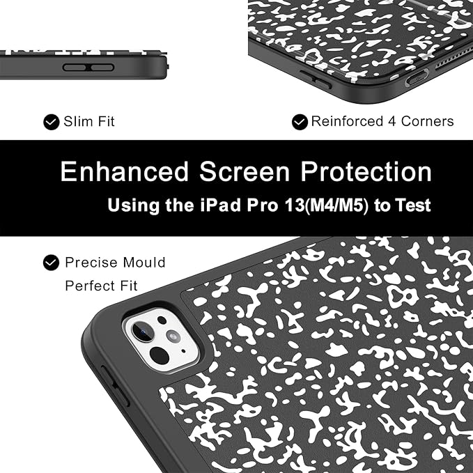 Soke Case for New iPad Pro 13 Inch (M5/M4 2025/2024 Release) with Pencil Holder Trifold Stand Shockproof [Support Apple Pencil Charging + Auto Wake/Sleep] Soft TPU Back Cover Book Black