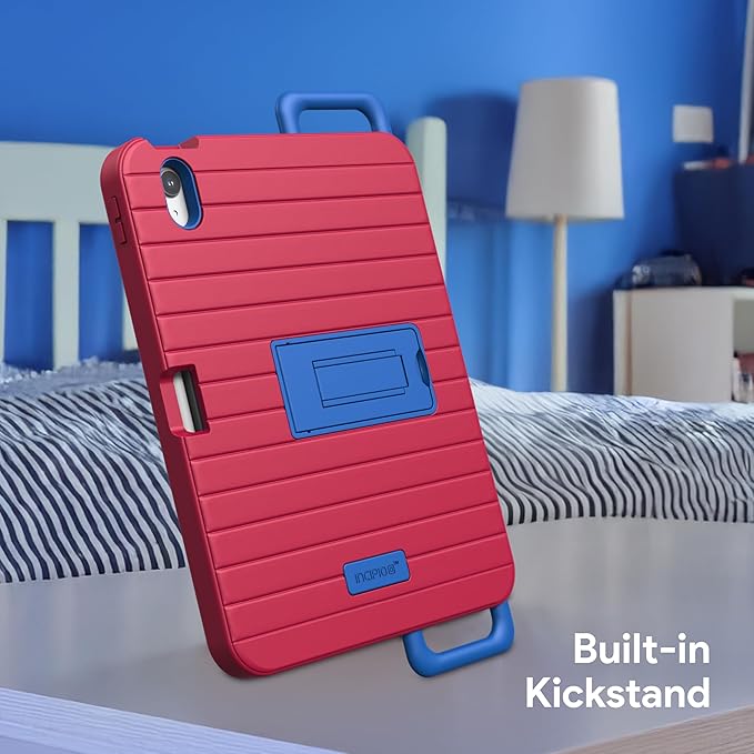 Incipio - Kids Silicone Bumper Case for iPad 10th Gen &amp A16 4ft Drop Protection Built-in Kickstand Easy-Grip Handles Durable Protective Cover (Red/Blue)