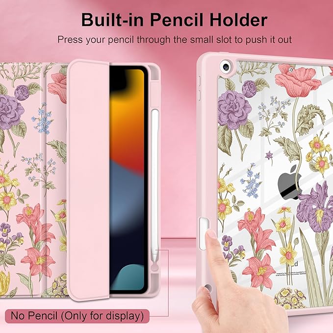 DONGKE for iPad 9th/8th/7th Generation Case 10.2 Inch (2021/2020/2019) [Auto Sleep/Wake &amp Pencil Holder] Clear Acrylic Back Trifold Stand Cover Pink Botanical Floral