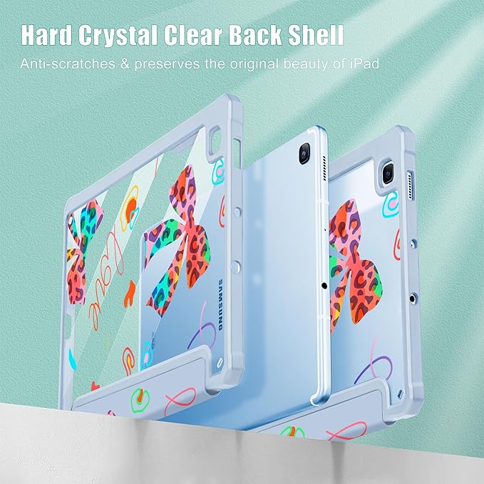 Mektron Case for Samsung Galaxy Tab S6 Lite 10.4 Inch 2024/2022/2020 with S Pen Holder Multi-Angle Viewing with Shockproof Cover Clear Shell + Trifold Stand + Auto Wake/Sleep Neon Bows-Blue