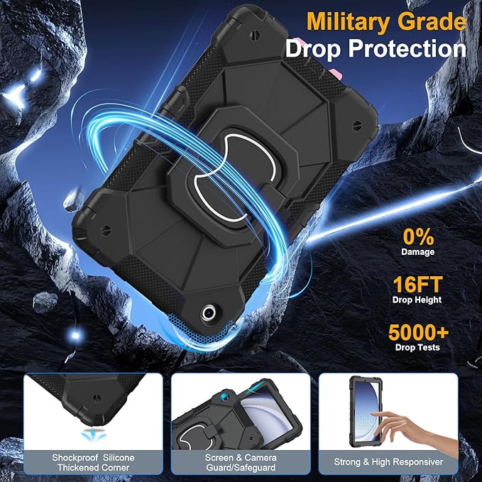 Case for Samsung Galaxy Tab A9 Plus 11 Inch 2023 Ubearkk Rugged Case for Samsung Galaxy A9+ Tablet SM-X210/X216/X218 with Screen Protector 360 Rotating Stand Shoulder Strap Pen Holder Black