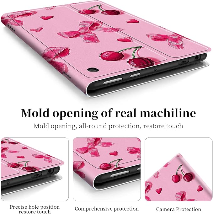 for Fire Hd 10 Tablet Case 13th/11th Generation 2023/2021 ReleaseHybrid Slim Multi-Angles Stand Cover for Kindle Fire HD 10 Plus 13th GenAuto Wake/Sleep-Pink Bows Cherries