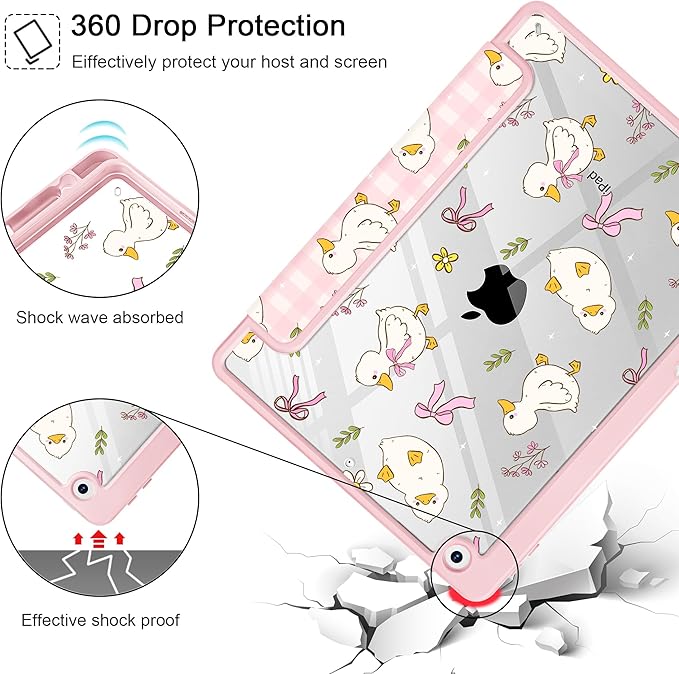 for iPad 9th Generation with Pencil Holder iPad 8th/7th Gen Case 10.2-inch [Built in Pencil Holder] Trifold Stand Auto Wake/Sleep Clear TPU Protection Back Cover Duck &amp Bow