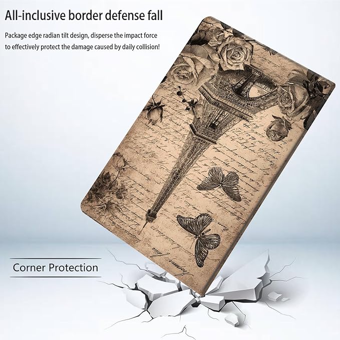 Bxgolkgd Tablet Case for 6 Kindle 11th Generation (2024/2022 Release)Shockproof Stand Cover with Heat DissipationAuto Wake/Sleep FunctionVintage Paris Eiffel Tower Butterfly Rose