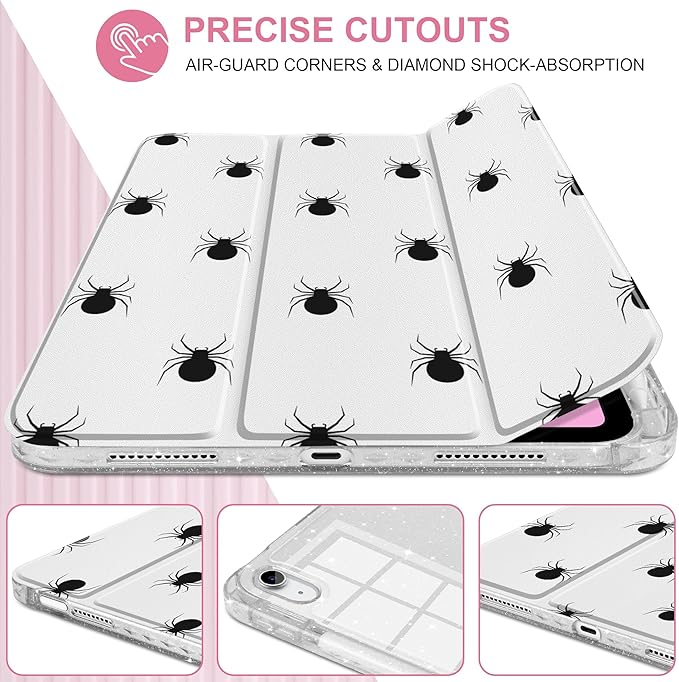 MEEgoodo Case for iPad A16 11th Generation 2025/10th Generation 2022 Glitter Tablet Cases with Transparent Acrylic Back+Trifold Stand +Pencil Holder+Auto Wake/SleepSpider Pattern