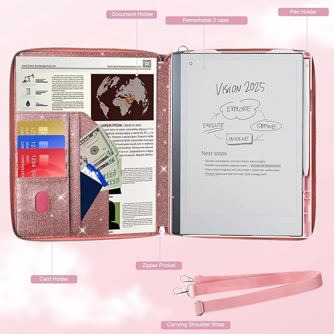 E NET-CASE Glittering PU Leather Case for Remarkable 2 Tablet 10.3 inch (2020 Released) Business Handheld Design Cover for Remarkable 2 Digital Paper with Zipper &amp Pen Holder (Starry Night Pink)