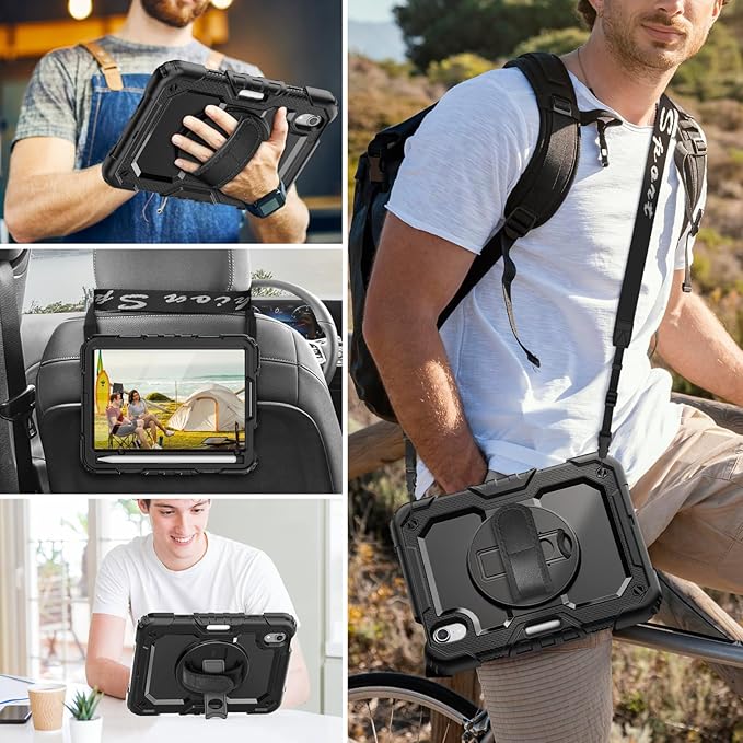 HXCASEAC Case for iPad mini 7 (A17 Pro) / iPad mini 6 Case 8.3 inch Full Body Protective with Carrying Strap Hand Strap Protector Pencil Holder 360 Rotating Stand A2995 A2993 A2567 A2568 Black