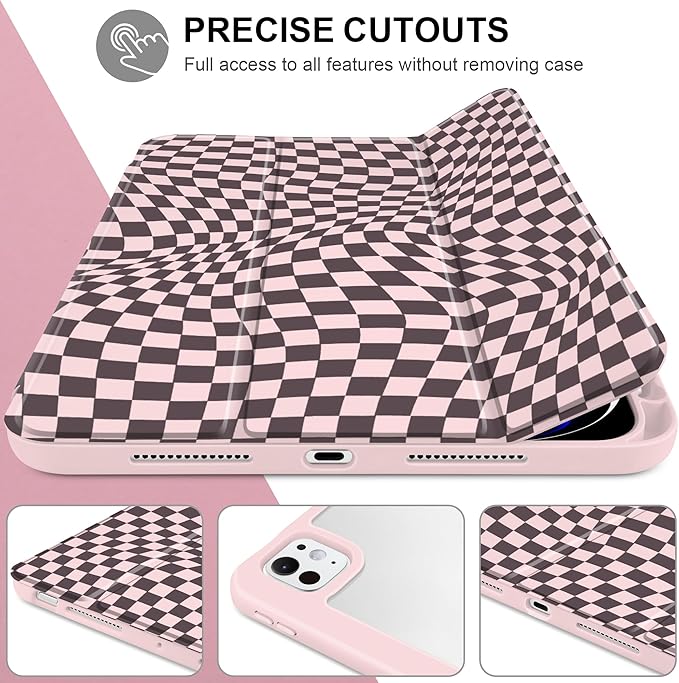 Case for iPad Pro 13 inch (M5) 2025 (M4) 2024 Release with Pencil Holder - Aesthetic Cute Design Trifold Cover with Soft TPU Bumper Clear Back Auto Sleep/Wake for Girls Women Abstract lattice