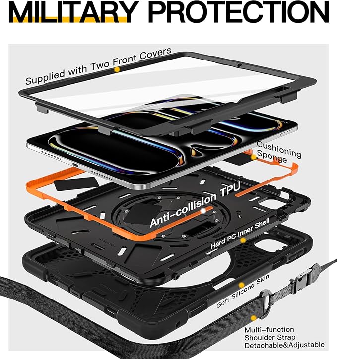 BRAECN Case for iPad Pro 11 inch M5 2025 &amp M4 2024 4 Layers Heavy Duty Full-Body Protection Screen Protector Pencil Holder 360° Rotating Handle Kickstand Shoulder Strap Kids Friendly