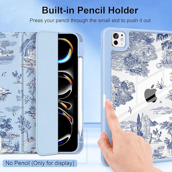 DONGKE for iPad Pro 11-Inch Case (M5 2025 / M4 2024) 6th/5th Generation [Auto Sleep/Wake &amp Pencil Pro Holder] Clear Acrylic Back Smart Trifold Stand Cover Toile Pattern