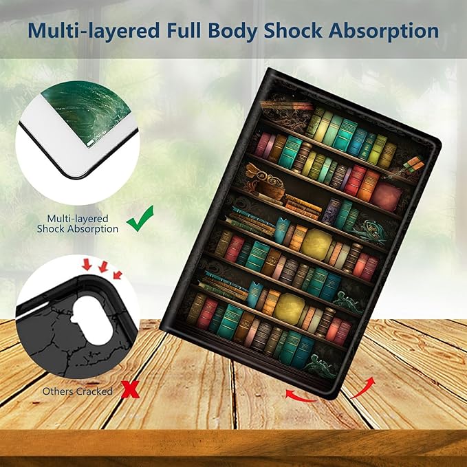 Slim Case for All-New Kindle Fire HD 10 &amp 10 Plus Tablet (11th Generation 2021 Release) 10.1 PU Leather Lightweight Stand Adjustable Smart Shell Cover with Auto Wake/SleepOld Library Bookshelf