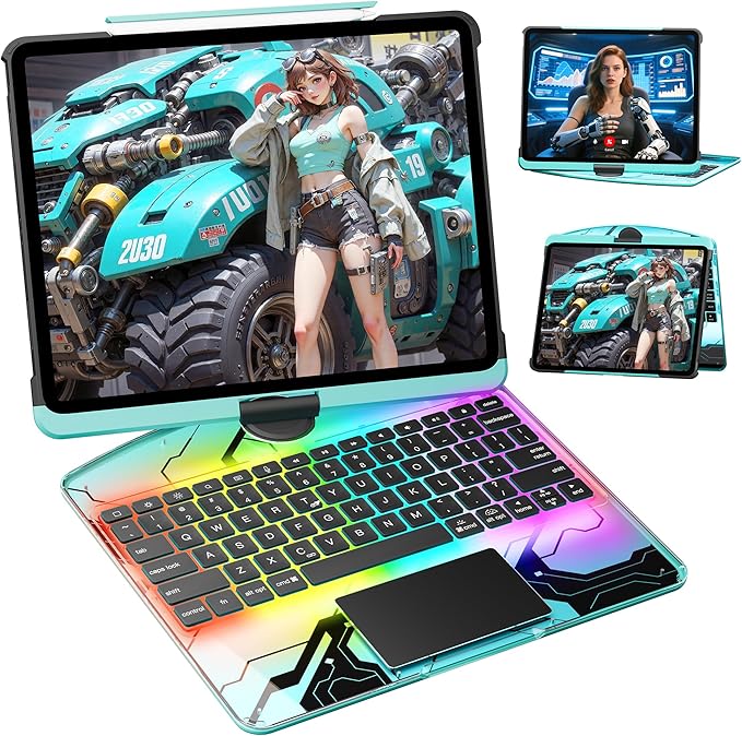 KITONE Transparent Case with Wireless Keyboard for iPad 10.2-in (7th 8th and 9th Gen) 7 Colors Backlight Trackpad 360°Rotating Stand Tech Style
