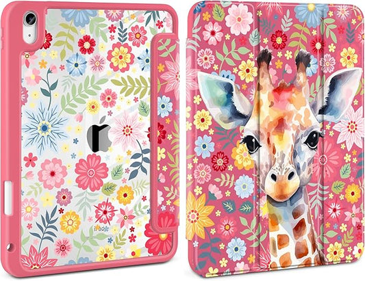 Case for iPad (A16) 11th Generation 11 inch 2025 /iPad 10th Gen 10.9 2022- Cute Patterns Hot Pink Cover with Clear Back Shell Auto Wake Sleep Trifold Stand &amp Pencil Holder Giraffe