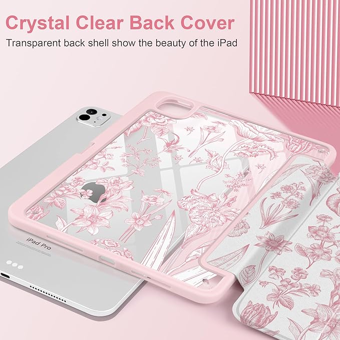 DONGKE for iPad Pro 11-Inch Case (M5 2025 / M4 2024) 6th/5th Generation [Auto Sleep/Wake &amp Pencil Pro Holder] Clear Acrylic Back Smart Trifold Stand Cover Pink Florals