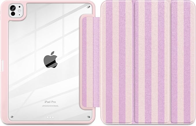 DONGKE for iPad Pro 11-Inch Case (M5 2025 / M4 2024) 6th/5th Generation [Auto Sleep/Wake &amp Pencil Pro Holder] Clear Acrylic Back Smart Trifold Stand Cover Pink Stripes