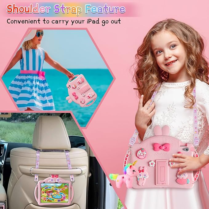 WESADN for iPad 10th Generation Case 10.9 Inch 2022 Kids Girls for iPad A16 Case 11th Gen 11 Inch 2025 with Screen Protector Shoulder Strap Kickstand Keychain Cute Rabbit Silicone Tablet CoverPink