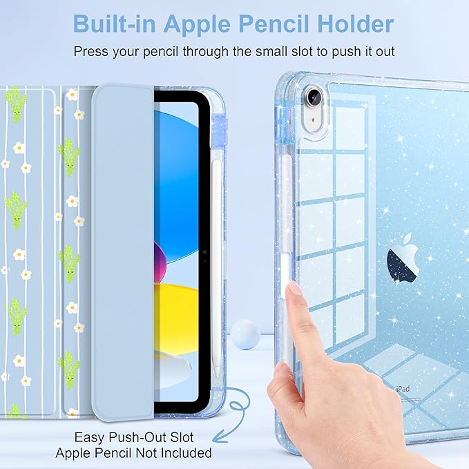 MEEgoodo Case for iPad A16 11th Generation 2025/10th Generation 2022 Glitter Tablet Cases with Transparent Acrylic Back+Trifold Stand +Pencil Holder+Auto Wake/SleepCute &amp Cheerful Asparagus