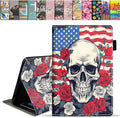 Case for Amazon Kindle Fire HD 10 Tablet 10.1 (9th/7th Generation 2019/2017 Release) Slim PU Leather Stand Cover with Card Slot &amp Auto Wake/Sleep American Flag Skull Roses