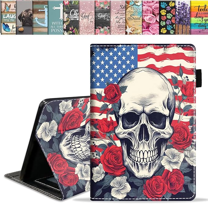 Case for Amazon Kindle Fire HD 10 Tablet 10.1 (9th/7th Generation 2019/2017 Release) Slim PU Leather Stand Cover with Card Slot &amp Auto Wake/Sleep American Flag Skull Roses