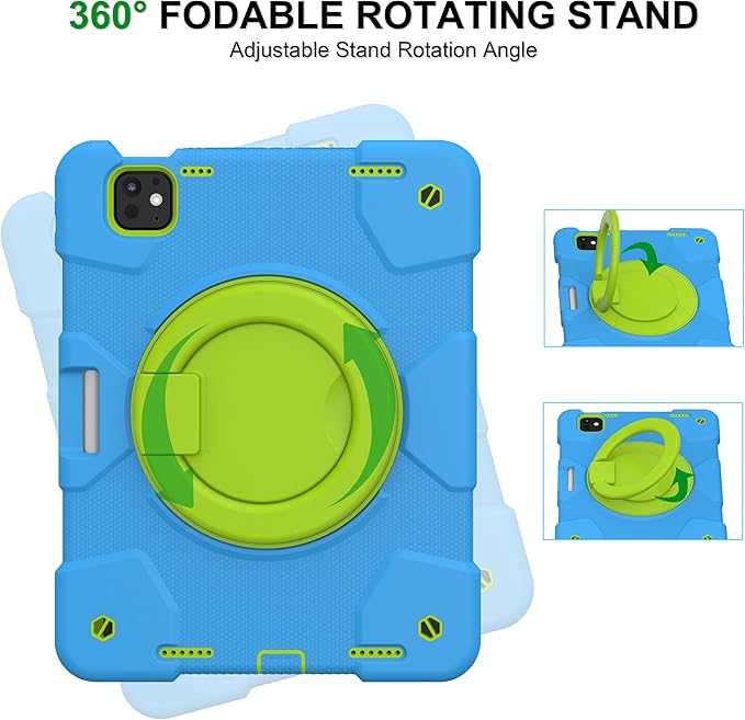 Case for iPad Pro 11 Inch M4 2024/M5 2025 Case Heavy Duty Shockproof Cover with Screen Protector/360° Rotate Stand/Shoulder Strap/Pencil Holde (Blue+Green iPad Pro M4/M5 11 inch)