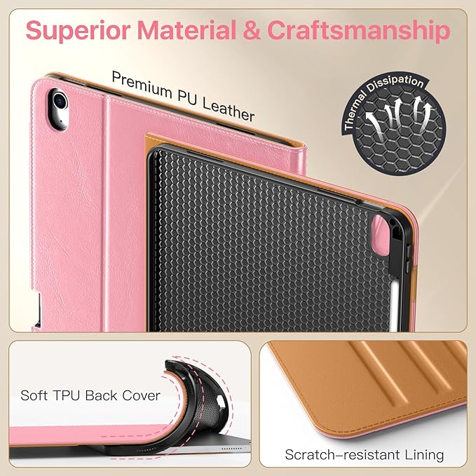 MoKo Case for iPad Air 13-inch (M4) 2026 / (M3) 2025 / (M2) 2024 with Pencil Holder &amp Hand Strap &amp Pocket Premium Leather Folio Stand Cover Multiple Viewing Angles Cinnamon Pink