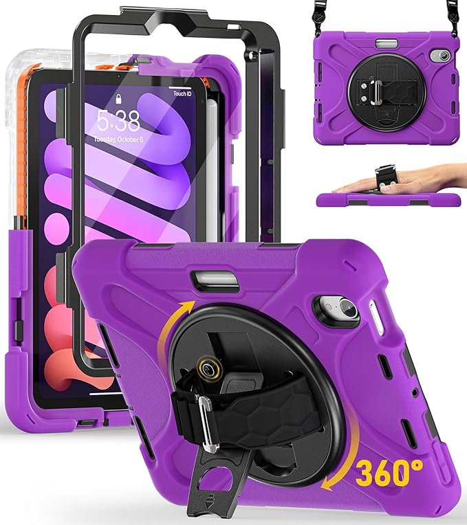 BRAECN for iPad mini 7(A17 Pro)/ 6 case 2024/2021 8.3 inch Heavy Duty Shockproof Protective with Pencil Holder Screen Protector 360°Rotating Stand Handle Full Body Cover Shoulder Strap Kids Friendly