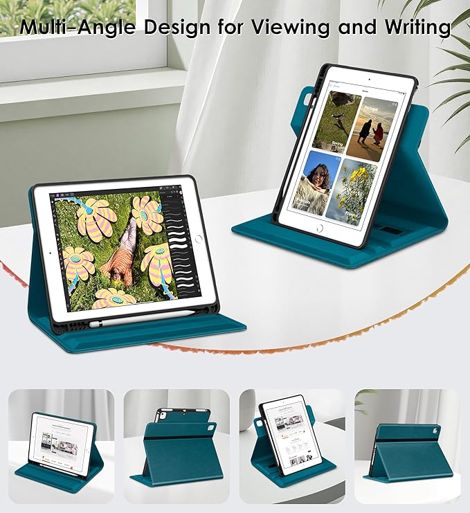 DTTO for iPad 6th / 5th Generation 9.7 Inch (2018/2017) iPad Air 2 / Air 1 Case 360 Degree Rotating Premium Leather Folio Stand Cover with Pencil Holder Light Blue