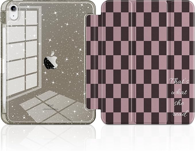 DONGKE for iPad Pro 11 inch Case – Fits M5 2025 / M4 2024 Shockproof Sparkling Glitter Acrylic Back Pencil Holder Trifold Stand Auto Sleep/Wake &amp Touch ID Support - Brown Gingham