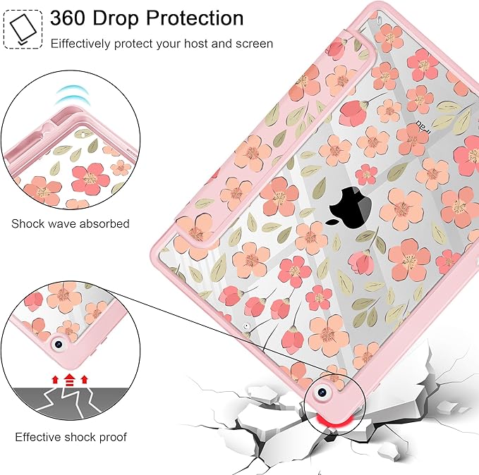 May Chen for iPad 9th Generation with Pencil Holder iPad 8th/7th Gen Case 10.2-inch [Penceil Holder] Trifold Stand Auto Wake/Sleep Clear TPU Protection Back Cover Pink Small Flowers