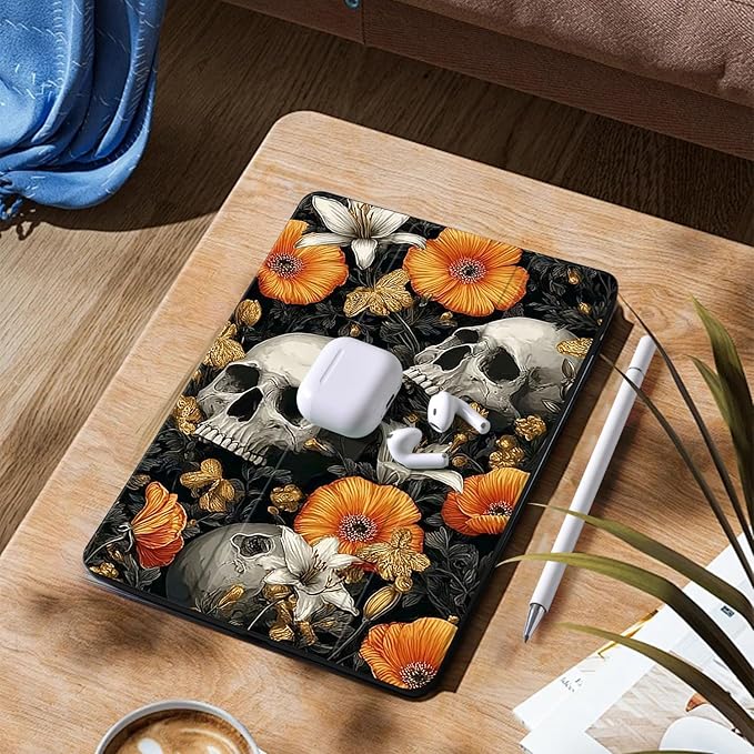 Orange Floral Skull Case for Ipad Pro 11 Inch 4Th/3Rd/2Nd Gothic Skeleton Pattern Cover Retro Shell Auto Sleep/Wake Shockproof Cover with Clear Back Shell &amp Pencil Holder(Girls Women)